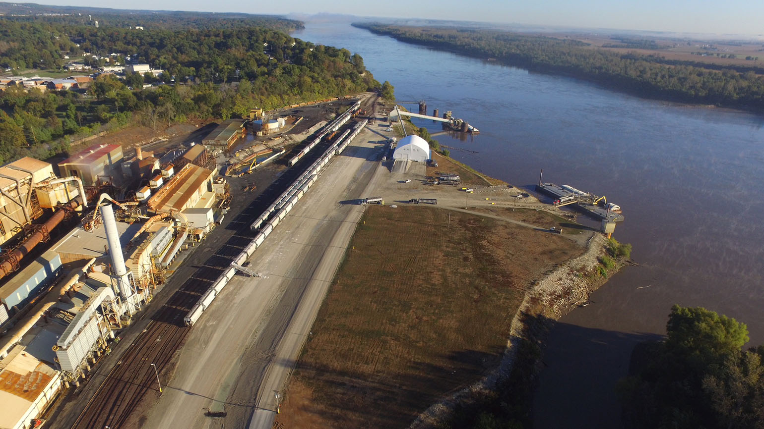Aerial view of the remediation progress and new shipping port at the former Herculaneum, MO smelter site along Mississippi River.