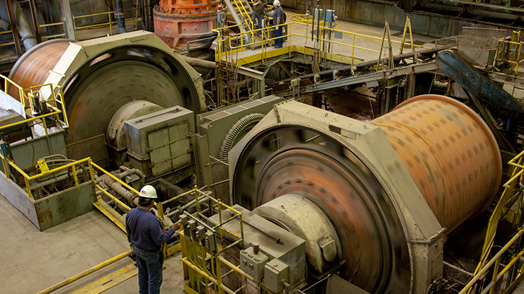 Ore containing lead, zinc and copper is run through a ball mill as part of the milling process.